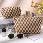 SOIDRAM 2 Pieces Makeup Bag Large Checkered Cosmetic Bag Capacity Canvas Mix - Image 2