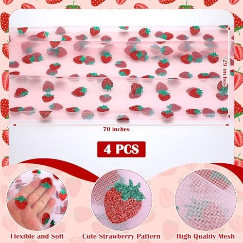 4 Pcs Strawberry Table Runner 29x70 Inch Pink Glitter Tulle - Image 2