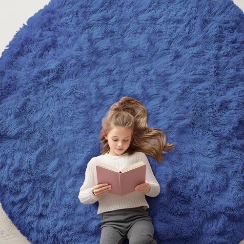 OLANLY Navy Blue Round Rugs for Bedroom by OLANLY
