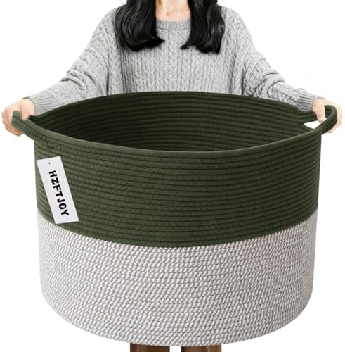 90L Extra Large Blanket Basket, Woven Laundry Basket-Green&White by HZFTJOY