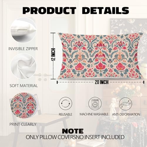 Vintage Boho Pink Teal and Gold Damask Floral Pillow Covers 12x20, Ethnic - Image 6