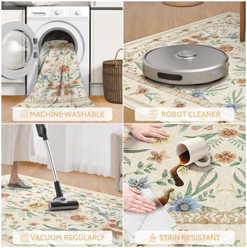 Beige Floral Washable Rug 7x9 – Large Vintage Boho Non-Slip Carpet, Soft Low - Image 4