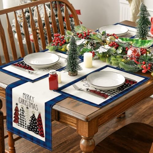 Artoid Mode Blue Waterclor Buffalo Plaid Christmas Trees Placemats Set of 4 - Image 5