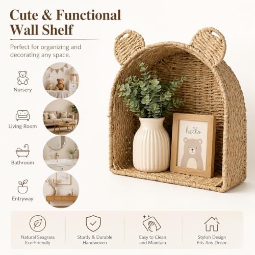Arched Teddy Bear Nursery Wall Shelf, Paper Rope Basket - Image 2