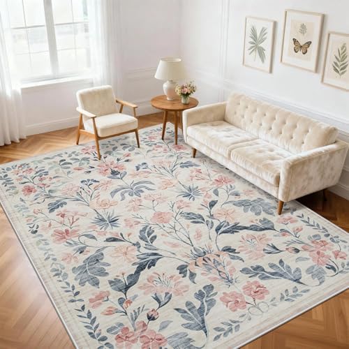 5x7 Area Rugs Boho Floral Washable Living Room Rug Neutral Carpet Nursery by Yidanamy