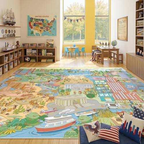 Patriotic Large 8x10 Kids Playroom Rug – North America Geography Carpet by HazoHaus