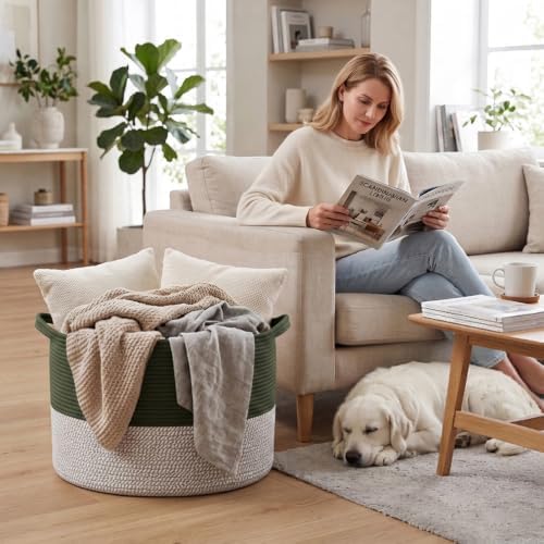 90L Extra Large Blanket Basket, Woven Laundry Basket-Green&White - Image 4