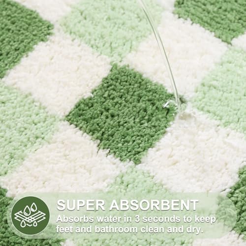 ORTIGIA Cute Green Checkered Scalloped Bath Mat, Fun Plush Microfiber Bathroom - Image 5