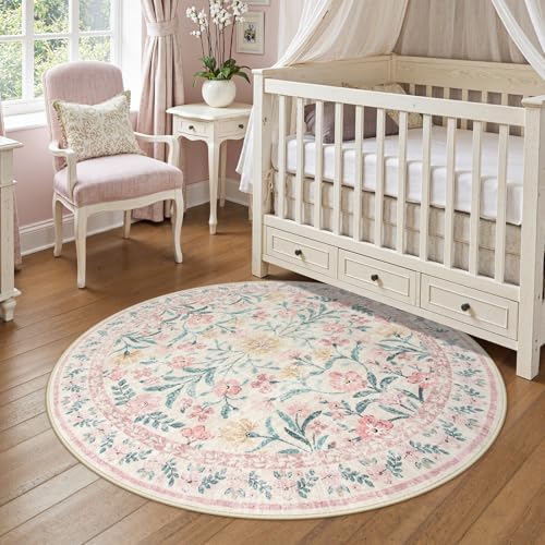 Wonnitar Pink Floral Round Rugs 5ft, Soft Circle Rug Non Slip Washable Round - Image 6
