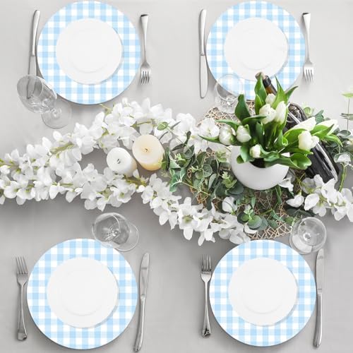 Funnymoom 60 Pcs Blue and White Gingham Disposable Paper Placemats Round Table - Image 5