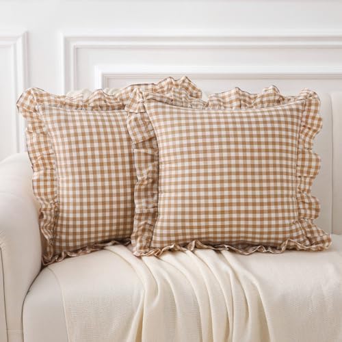 2 Pack Taupe White Gingham Ruffle Throw Pillow Covers 18''x18'' by KMASANIJI