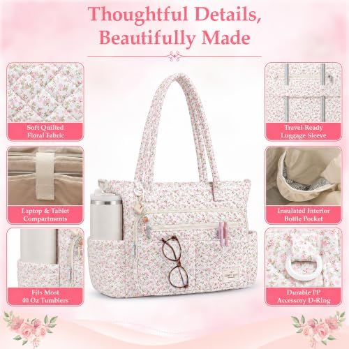 WOBAGMEN Teacher Tote Bag for Women, Quilted Floral Laptop Work Tote - Image 5