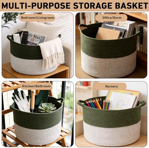 115L Extra Large Blanket Basket, Woven Laundry Basket-Green&White - Image 6