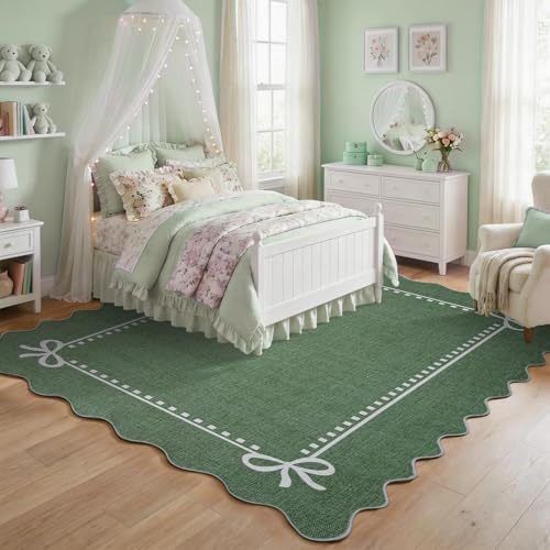 Garvee Scalloped Bow Rug Green Washable Solid 4x6 Area Rugs - Image 2