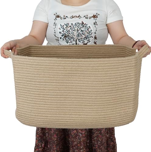 XUANGUO Large Rectangle Woven Jute Rope Storage Basket 22"x17"x12" by XUANGUO