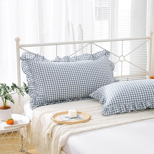 2 Pack Dust Blue Gingham Ruffle Standard Pillow Shams 20"x26" - Image 3