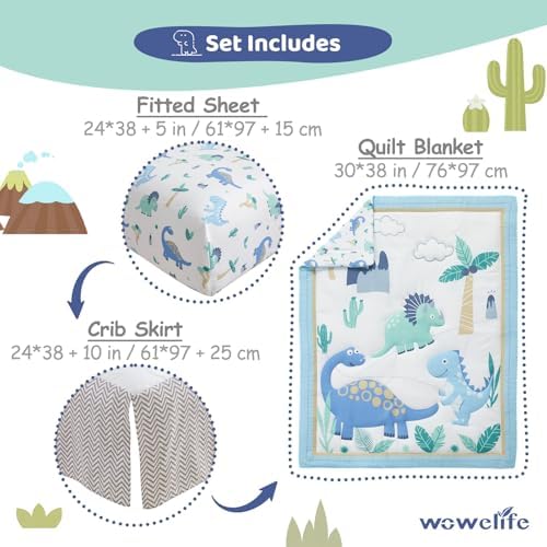 Dinosaur Mini Crib Bedding Set for Boys Light Blue Premium 3-Piece Baby Bedding - Image 5