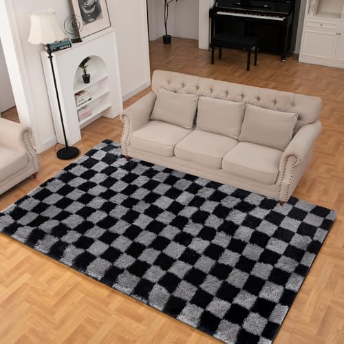 Super Soft Rug for Bedroom, 8x10 Ft Grey and Black Area Rug Classic Checkered by TOOHUB