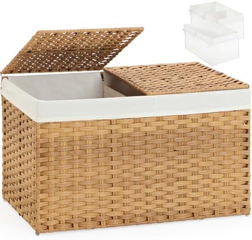 SETVSON Storage Basket with Lid, 2-Lid PE Rattan Storage Bin by SETVSON