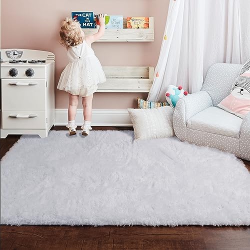 Amdrebio White Fuzzy Furry Small Kids Area Rug 3x5 - Image 3