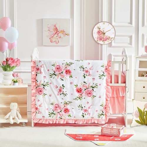 3 Pieces Flowers Mini Crib Bedding Set Baby Ruffled Quilted Comforter by Uozzi+Bedding
