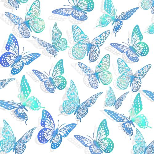 SAOROPEB 3D Butterfly Wall Decor 48 Pcs Laser Blue Butterfly Decorations by SAOROPEB