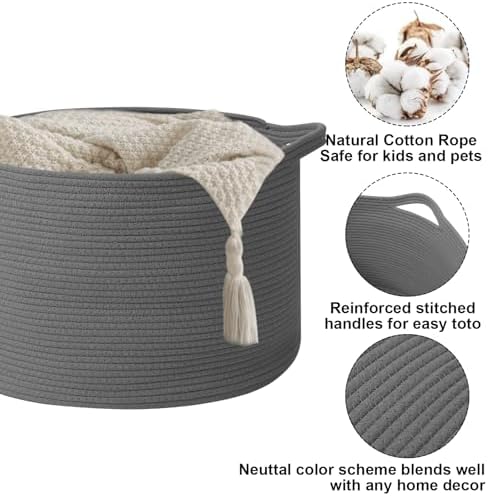 115L Extra Large Blanket Basket, Woven Rope Laundry Basket-Dark Grey - Image 3