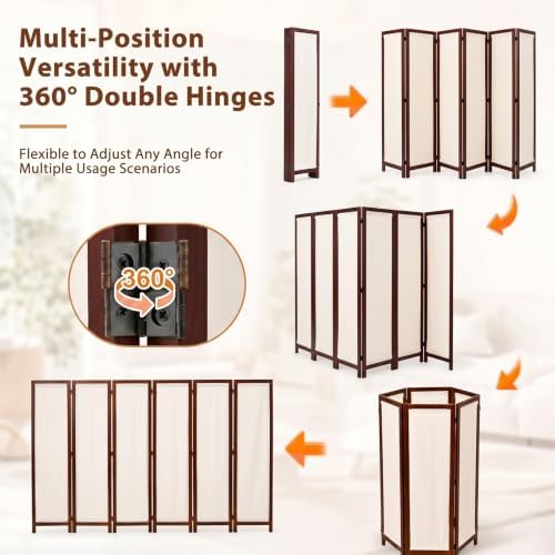 Wood Room Divider Panel with Linen Fabric, Boho Folding Privacy Screen 67" - Image 4