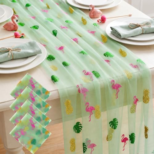 4 Pcs Flamingo Table Runner 29x70 Inch Summer Tropical Green by Windkream