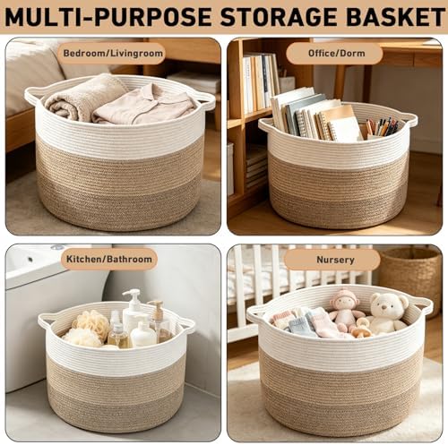 90L Extra Large Blanket Basket, Woven Rope Laundry Basket-Mix Brown - Image 6