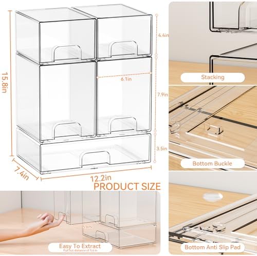 Yieach 5 Set Clear Stackable Storage Drawers and Acrylic Drawer Organizer - Image 3