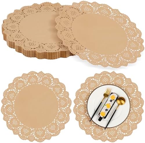 MCEAST 100 Pack Round Brown Kraft Paper Doilies 13.5 Inches Lace Paper Place by MCEAST