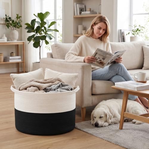 65L Large Blanket Basket, Woven Rope Laundry Basket-White&Black - Image 4