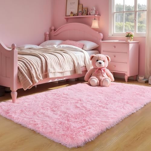 3x5 Pink Fluffy Shag Rug for Girls Bedroom, Plush Washable Carpet by KICHOWUA