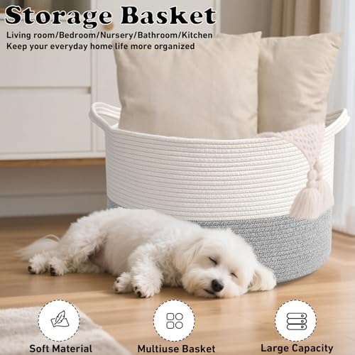 115L Extra Large Blanket Basket, Woven Laundry Basket-White&Grey - Image 6
