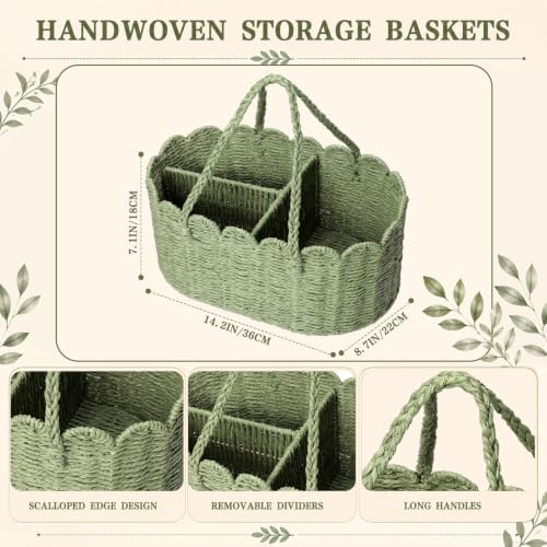 Handwoven Rattan Diaper Caddy Organizer Sage Green Scalloped Basket - Image 2