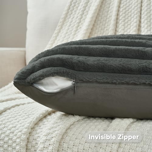 FUTEI Pack of 2 Faux Fur Throw Pillow Covers 24x24 Inch, Dark Grey - Image 3
