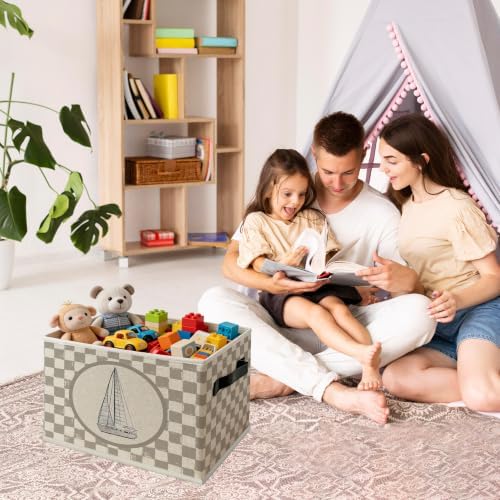 Vintage Brown Checkered Sailboat Foldable Storage Box - Image 3