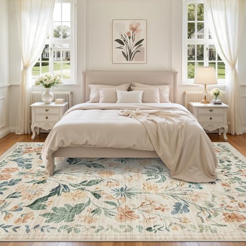 8x10 Area Rugs Boho Floral Washable Living Room Rug Neutral Carpet Bedroom - Image 3