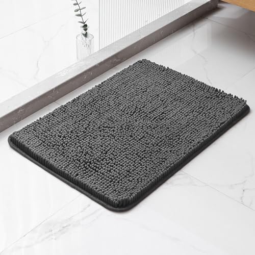 Chenille Bathroom Rug 17"x24" Dark Gray, Non-Slip Plush Bath Mat by Kildoss