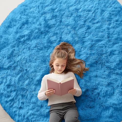 OLANLY Bright Blue Round Rugs for Bedroom by OLANLY