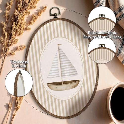FLAWAFLOMA Vintage Sailboat Nursery Oval Wall Art Decor, Kids Room Canvas Wall - Image 4