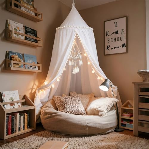 LOAOL Bed Canopy with Pom Pom Kids Reading Nook Hanging Tent by LOAOL