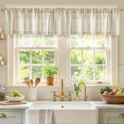 jinchan Linen Boxter Striped Kitchen Valances Multi Green 50 x 16 2 Panels by JINCHAN