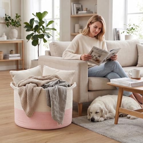 90L Extra Large Pink Woven Cotton Rope Basket - Image 4