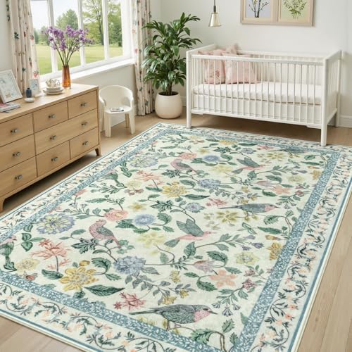 Rugalia Green Floral 5x7 Area Rug, Washable Non-Slip Boho Rugs - Image 6