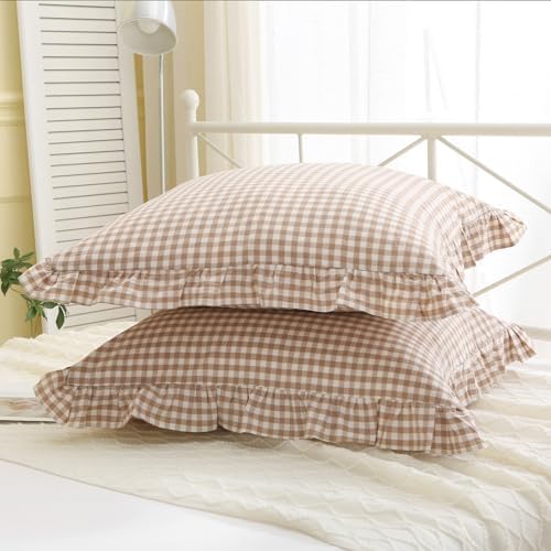 2 Pack Taupe White Gingham Ruffle Throw Pillow Covers 22''x22'' - Image 3