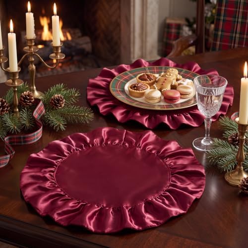 FoldTier Burgundy Ruffled Placemats Round Satin Tablemat 15.7 Inch Set of 6 by FoldTier