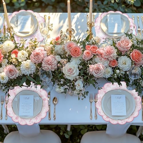 60 Pcs Pink Floral Paper Placemat, 13.5 Inch Disposable Scalloped Table Mat - Image 6