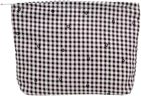 Flat Makeup Bag for Women, Zipper Cosmetic Pouch for Purse, Gingham Floral by PAZIMIIK